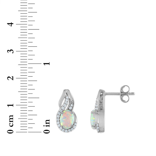 Opal and White Sapphire Halo Ring Pendant Earrings Set In Sterling Silver