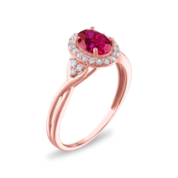 7X5MM Oval Ruby and White Sapphire Birthstone Halo Ring in 10KT Rose Gold