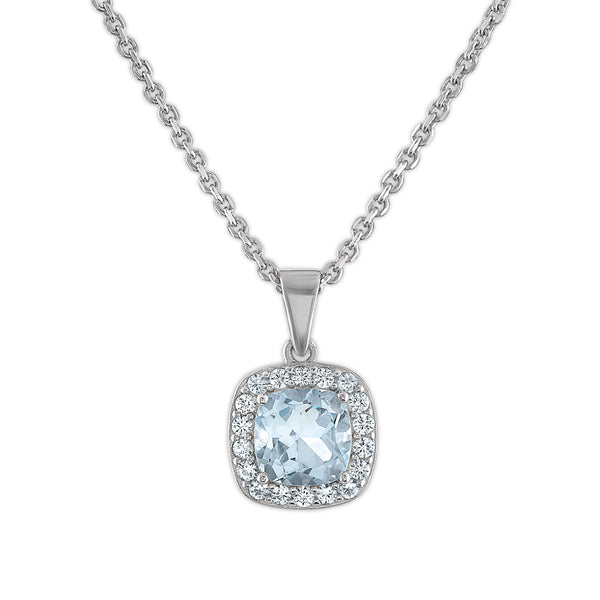 Cushion Blue Topaz and White Sapphire Box Set 18-inch Pendant in Rhodium Plated Sterling Silver