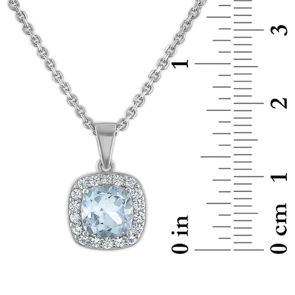 Cushion Blue Topaz and White Sapphire Box Set 18-inch Pendant in Rhodium Plated Sterling Silver