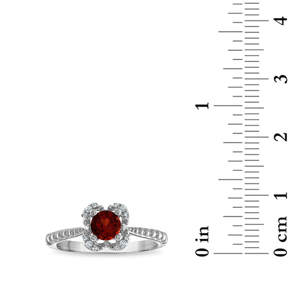 5MM Round Garnet and White Sapphire Birthstone Flower Halo Ring in Sterling Silver