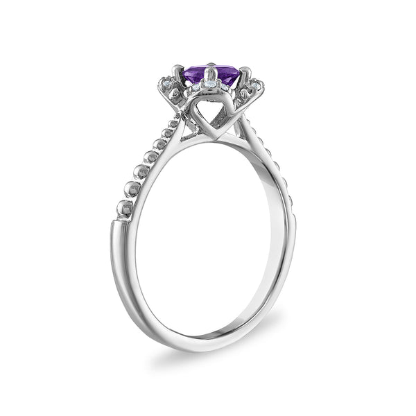 5MM Round Amethyst and White Sapphire Birthstone Flower Halo Ring in Sterling Silver