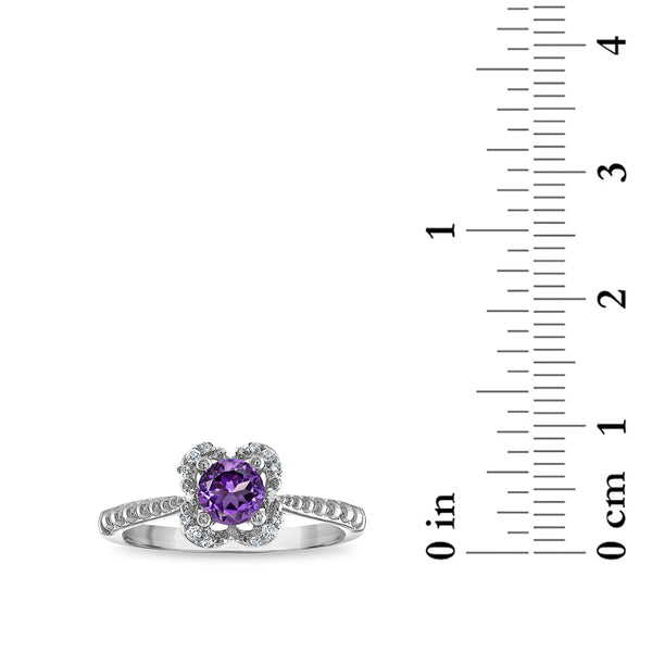 5MM Round Amethyst and White Sapphire Birthstone Flower Halo Ring in Sterling Silver