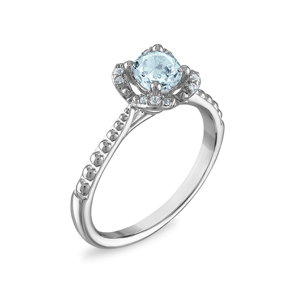 5MM Round Aquamarine and White Sapphire Birthstone Flower Halo Ring in Sterling Silver