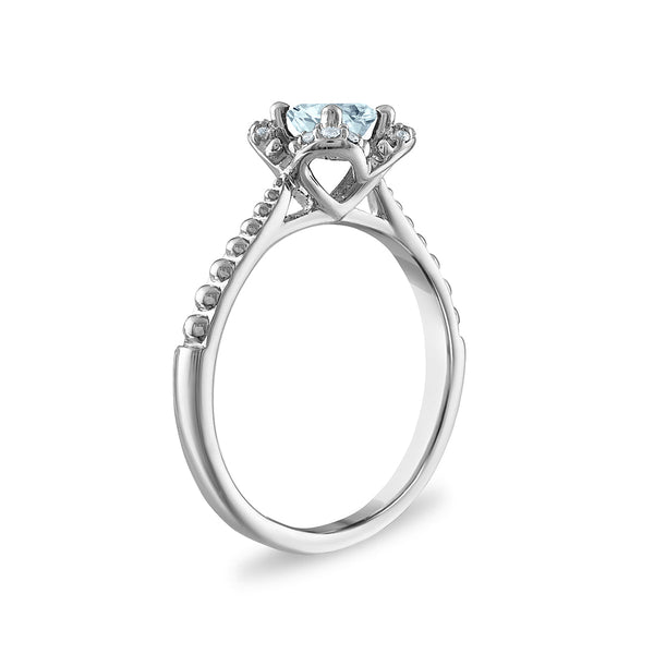 5MM Round Aquamarine and White Sapphire Birthstone Flower Halo Ring in Sterling Silver