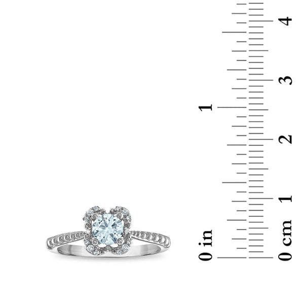 5MM Round Aquamarine and White Sapphire Birthstone Flower Halo Ring in Sterling Silver