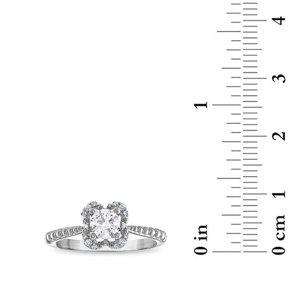 5MM Round White Topaz and White Sapphire Birthstone Flower Halo Ring in Sterling Silver