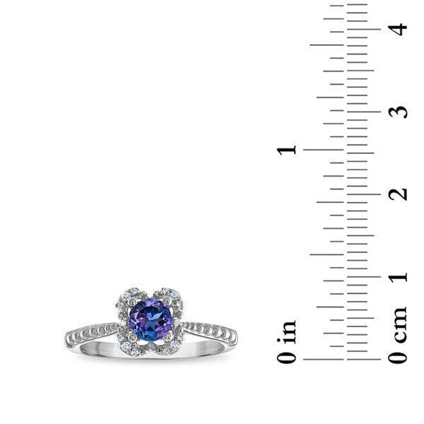 5MM Round Alexandrite and White Sapphire Birthstone Flower Halo Ring in Sterling Silver