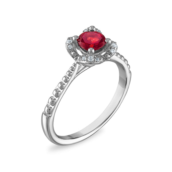 5MM Round Ruby and White Sapphire Birthstone Flower Halo Ring in Sterling Silver