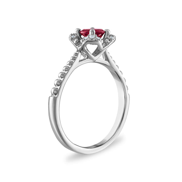 5MM Round Ruby and White Sapphire Birthstone Flower Halo Ring in Sterling Silver