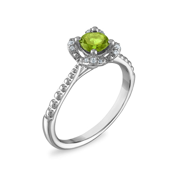 5MM Round Peridot and White Sapphire Birthstone Flower Halo Ring in Sterling Silver