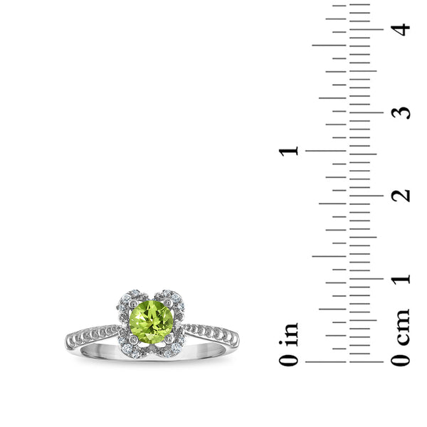 5MM Round Peridot and White Sapphire Birthstone Flower Halo Ring in Sterling Silver