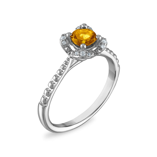 5MM Round Citrine and White Sapphire Birthstone Flower Halo Ring in Sterling Silver