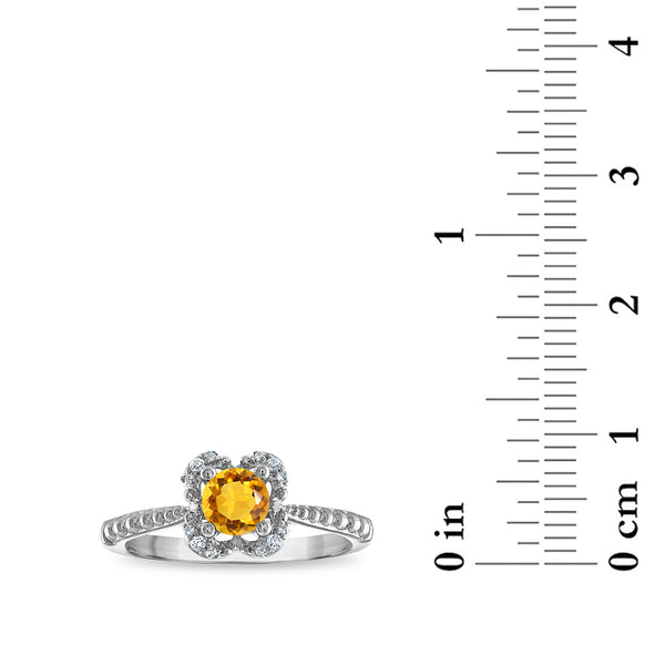 5MM Round Citrine and White Sapphire Birthstone Flower Halo Ring in Sterling Silver