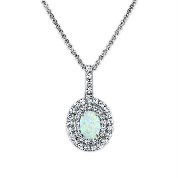 Oval Opal and Sapphire Halo Pendant Jewelry Set in Rhodium Plated Sterling Silver