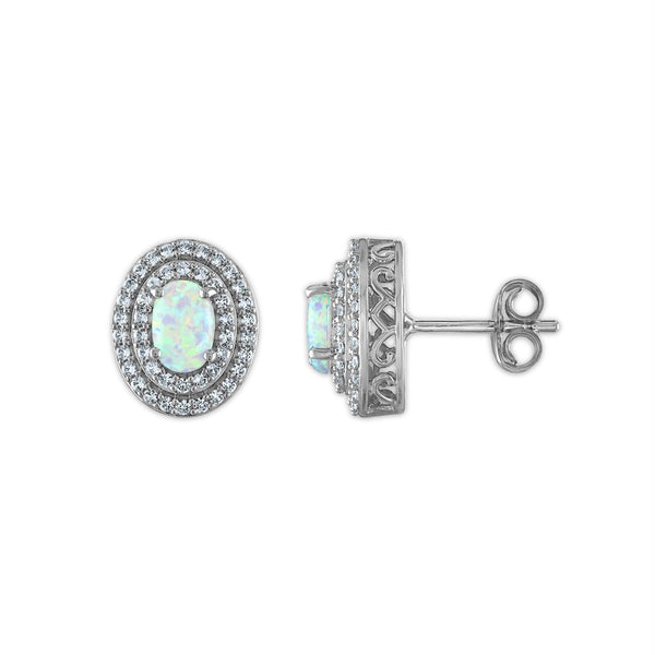 Oval Opal and Sapphire Halo Pendant Jewelry Set in Rhodium Plated Sterling Silver