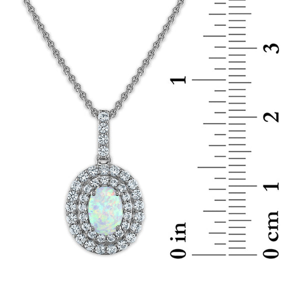 Oval Opal and Sapphire Halo Pendant Jewelry Set in Rhodium Plated Sterling Silver