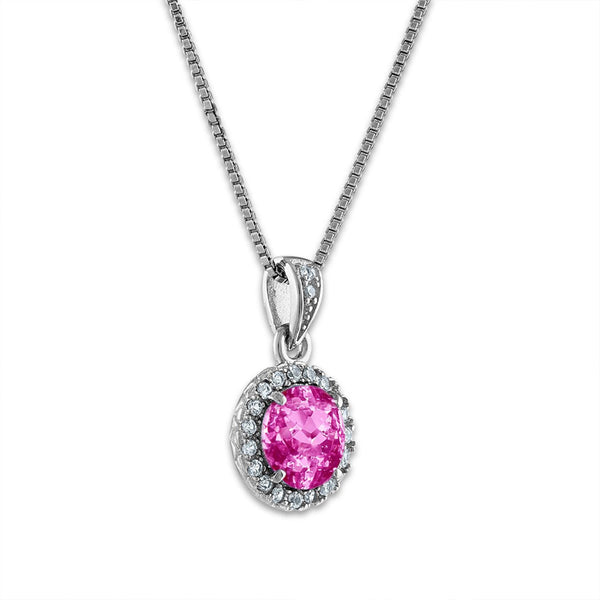 6MM Round Pink Sapphire and White Sapphire Birthstone 18-inch Pendant in Sterling Silver