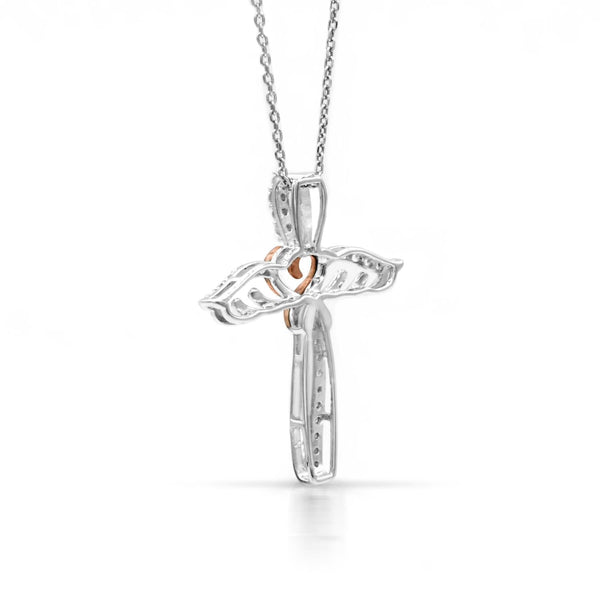 Round White Sapphire Gem Stone Cross Heart Eternal Romance 18-inch Pendant in Sterling Silver