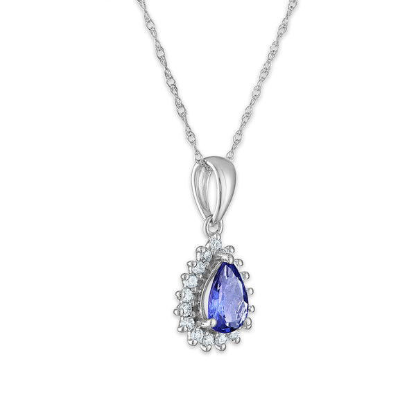 7X5MM Pear Tanzanite and Diamond Halo 18-inch Pendant in 14KT White Gold