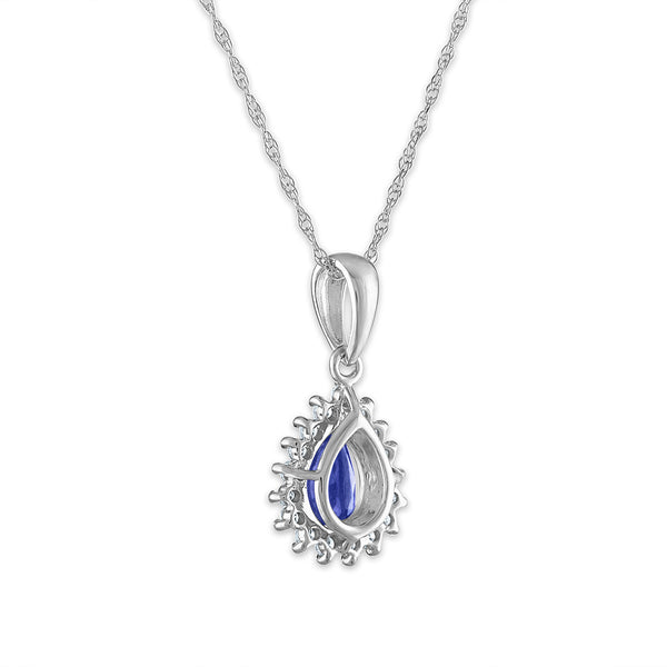 7X5MM Pear Tanzanite and Diamond Halo 18-inch Pendant in 14KT White Gold