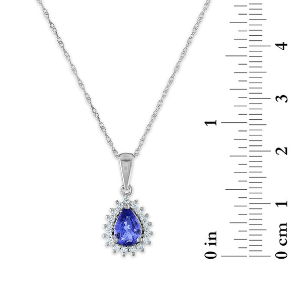 7X5MM Pear Tanzanite and Diamond Halo 18-inch Pendant in 14KT White Gold