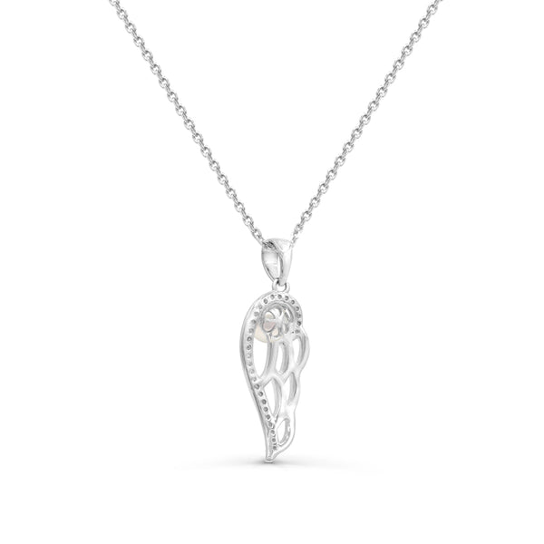 4.5MM Round Pearl and White Sapphire Angel Wings 18-inch Pendant in Sterling Silver