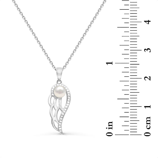 4.5MM Round Pearl and White Sapphire Angel Wings 18-inch Pendant in Sterling Silver