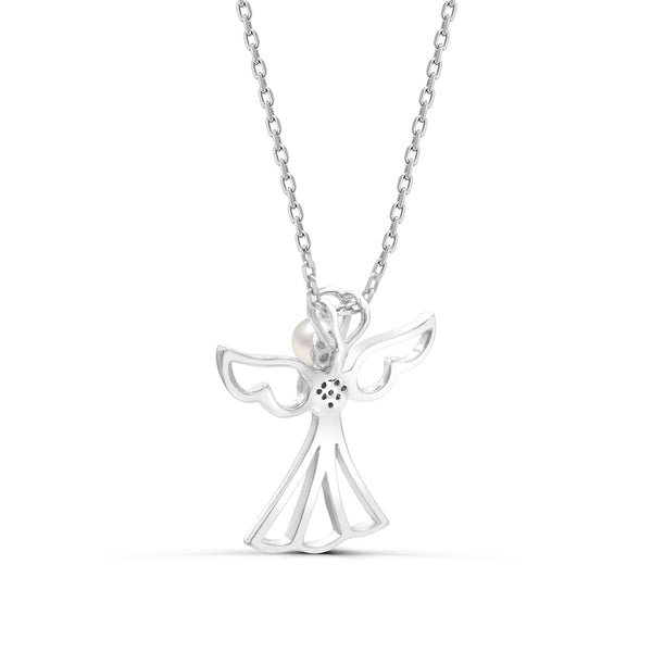 3.5MM Round Pearl and White Sapphire Angel 18-inch Pendant in Sterling Silver