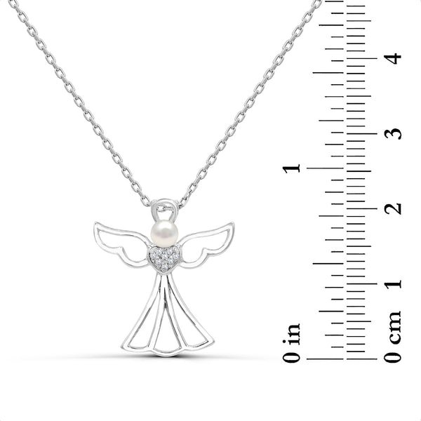 3.5MM Round Pearl and White Sapphire Angel 18-inch Pendant in Sterling Silver