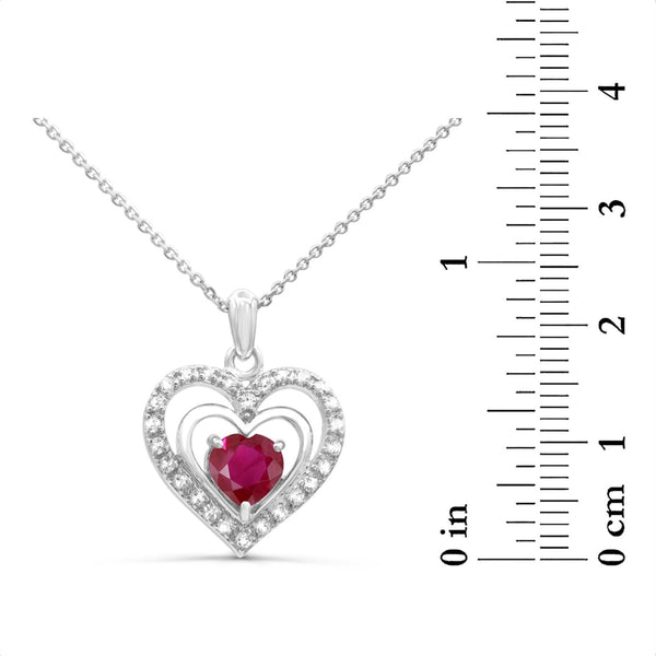 7MM Heart Shape Ruby and White Sapphire Heart 18-inch Pendant in Rhodium Plated Sterling Silver