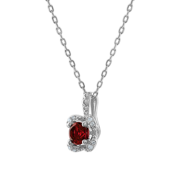 5MM Round Garnet and White Sapphire Birthstone Flower Halo Pendant in Sterling Silver