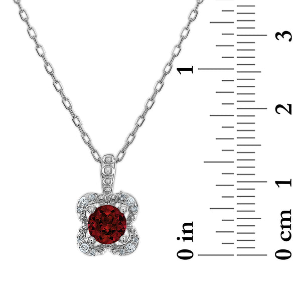 5MM Round Garnet and White Sapphire Birthstone Flower Halo Pendant in Sterling Silver