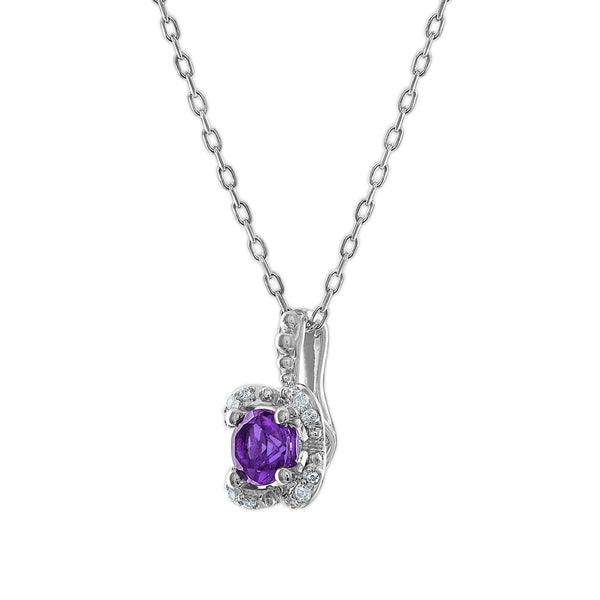 5MM Round Amethyst and White Sapphire Birthstone Flower Halo Pendant in Sterling Silver