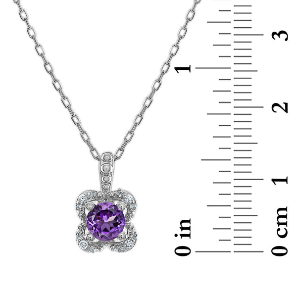 5MM Round Amethyst and White Sapphire Birthstone Flower Halo Pendant in Sterling Silver