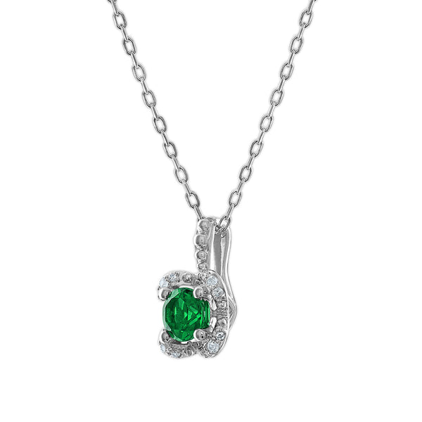 5MM Round Emerald and White Sapphire Birthstone Flower Halo Pendant in Sterling Silver