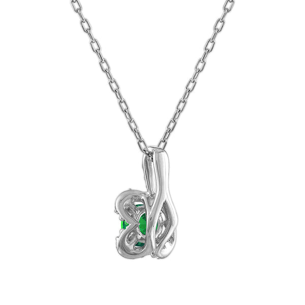 5MM Round Emerald and White Sapphire Birthstone Flower Halo Pendant in Sterling Silver