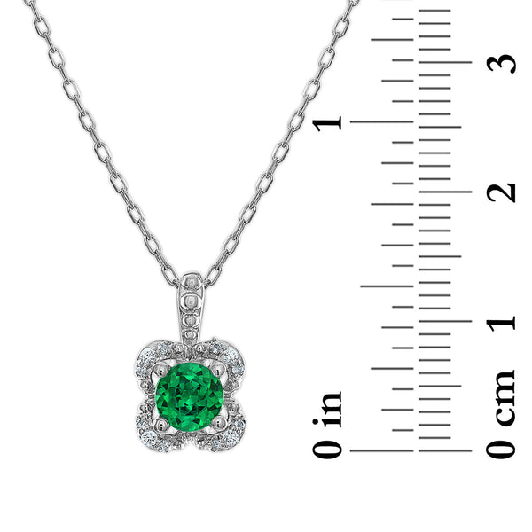 5MM Round Emerald and White Sapphire Birthstone Flower Halo Pendant in Sterling Silver