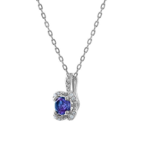 5MM Round Alexandrite and White Sapphire Birthstone Flower Halo Pendant in Sterling Silver