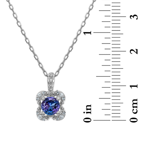 5MM Round Alexandrite and White Sapphire Birthstone Flower Halo Pendant in Sterling Silver