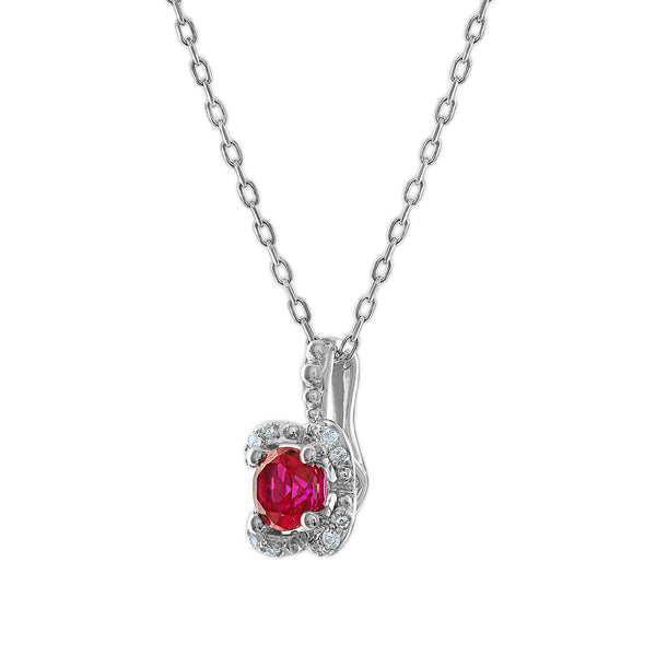 5MM Round Ruby and White Sapphire Birthstone Flower Halo Pendant in Sterling Silver