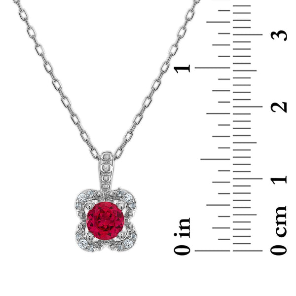 5MM Round Ruby and White Sapphire Birthstone Flower Halo Pendant in Sterling Silver