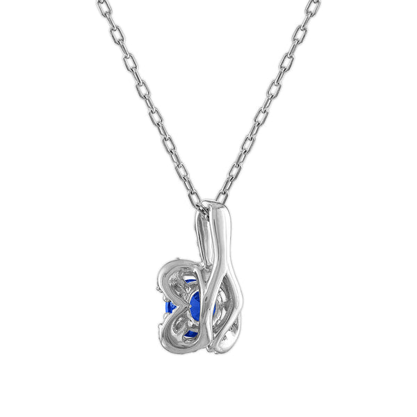 5MM Round Sapphire and White Sapphire Birthstone Flower Halo Pendant in Sterling Silver