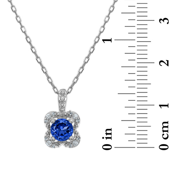 5MM Round Sapphire and White Sapphire Birthstone Flower Halo Pendant in Sterling Silver