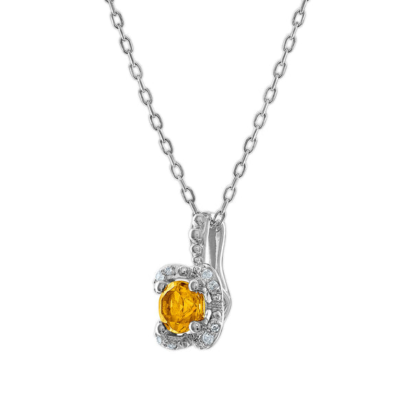 5MM Round Citrine and White Sapphire Birthstone Flower Halo Pendant in Sterling Silver