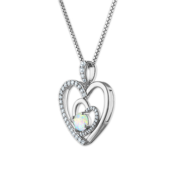 Opal and White Sapphire 18-inch Heart Pendant in Sterling Silver