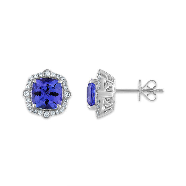 7MM Cushion Tanzanite and Diamond Halo Stud Earrings in 14KT White Gold