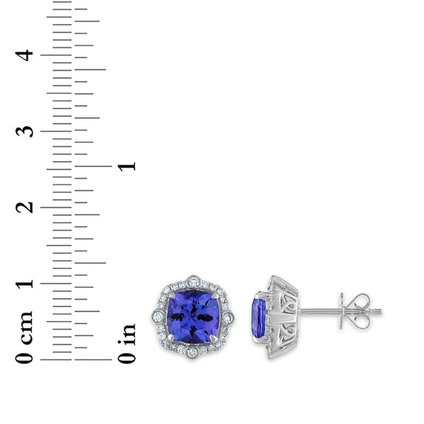 7MM Cushion Tanzanite and Diamond Halo Stud Earrings in 14KT White Gold