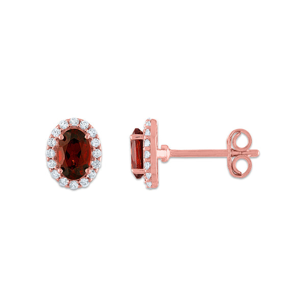 6X4MM Oval Garnet and Sapphire Birthstone Halo Stud Earrings in 10KT Rose Gold