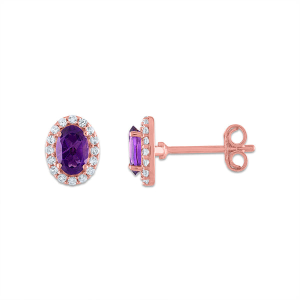 6X4MM Oval Amethyst and Sapphire Birthstone Halo Stud Earrings in 10KT Rose Gold